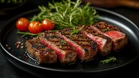 Juicy grilled ribeye steak sliced medium rare with fresh herbs, cherry tomatoes and peppercorns served on black plate. Dark moody food photography.