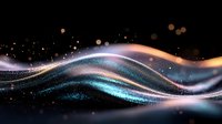 Magical glowing waves with sparkles and light effects on black background. Abstract flowing lines in blue and orange colors create dynamic motion pattern.