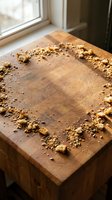 Wooden cutting board with scattered breadcrumbs and food debris on surface near window, showing kitchen preparation mess and cooking aftermath.