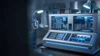 Advanced 3D printer with dual display screens showing digital blueprints and technical schematics in modern laboratory or manufacturing facility workspace environment.