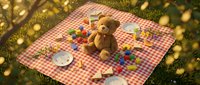 Teddy bear sitting on checkered picnic blanket surrounded by colorful candies and treats on grass with golden bokeh lights, perfect for children's themes and festive celebrations.