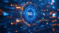 Glowing 5G network symbol with futuristic HUD interface elements in blue and orange colors against dark background, representing wireless technology advancement.