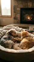 Cozy dog and cat cuddling together on soft blanket by warm fireplace in rustic living room creating peaceful domestic scene for pet lovers and home comfort.