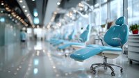 Modern dental clinic interior with turquoise patient chair and medical equipment in bright healthcare facility with large windows and professional lighting.