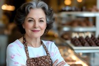 Confident senior woman with gray hair wearing brown apron and floral blouse smiling warmly in bakery shop with chocolate treats displayed in background.