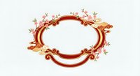 Elegant oval baroque frame with ornate red scrollwork and delicate pink cherry blossoms, isolated on transparent background for luxury design projects.