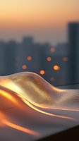 Flowing golden fabric creates waves against blurred city sunset backdrop, with glowing bokeh lights creating dreamy atmospheric mood. Soft textile catches warm light.