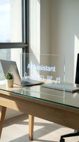 Modern office desk with holographic AI assistant interface display showing digital icons and laptop computer in bright workspace for technology concepts.