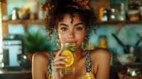 Young African American woman with curly hair drinking fresh orange juice in modern kitchen, healthy lifestyle and nutrition concept for wellness content.