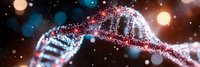 DNA molecule spiral structure with red and blue glow on dark background with bokeh lights and particles, genetic science concept for medical research.