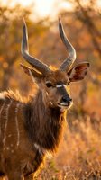 Male antelope portrait with curved horns in golden sunset light against blurred autumn forest background for wildlife photography and nature content.