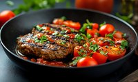 Juicy grilled beef steak with fresh cherry tomatoes and herbs in cast iron pan. Close up view of meat dinner with vibrant garnish and sauce.