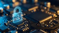 Glowing blue padlock icon on computer circuit board representing cybersecurity, data protection and digital security technology for business applications.