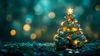 Glowing miniature Christmas tree with golden star and lights against teal bokeh background, creating festive holiday atmosphere.