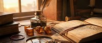Vintage study desk with open books, antique globe, glass bottles, and warm sunlight streaming through window, evoking scholarly atmosphere and historical research.