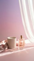 Minimalist still life composition featuring a white scented candle and clear glass perfume bottle on pink surface with flowing white fabric and soft natural lighting for beauty and lifestyle design.