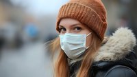 Young blonde woman wearing medical face mask and knit beanie outdoors in winter, health protection during cold season for lifestyle and wellness content.