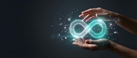 Hands protecting glowing infinity symbol with digital particles on dark background representing endless possibilities and sustainable technology solutions.