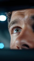 Close-up macro shot of blue eye with light reflections and bokeh background, showing detailed iris texture, eyelashes and partial face in dramatic lighting.