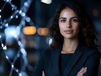 Confident mixed race businesswoman with curly dark hair and blazer against blurred city lights background, arms crossed in professional pose. For corporate and leadership concepts.
