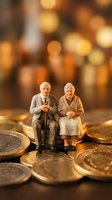 Miniature elderly couple sitting on golden coins with warm bokeh lights background representing retirement savings and financial security planning.