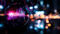 Glowing audio wave spectrum reflected in glass sphere against blurred city lights background, creating futuristic nighttime atmosphere.
