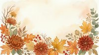 Watercolor autumn floral border with chrysanthemums, dahlias, maple leaves, and berries on a warm beige background with copy space.