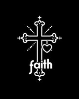 White decorative Christian cross with heart and faith text on black background, isolated religious symbol for spiritual designs and faith-based projects.