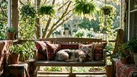 Cozy outdoor porch with sleeping cat on cushioned bench surrounded by lush greenery and natural lighting for relaxation and home decor inspiration.