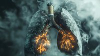 Damaged lungs with cigarette and burning fire inside, smoking health hazard concept for anti-tobacco campaigns and medical education materials.
