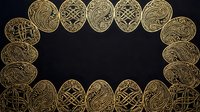 Golden ornate circular medallions with intricate Celtic knot patterns arranged in decorative border frame on dark background for luxury design projects.