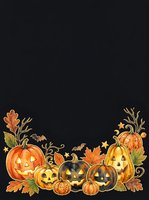 Carved jack-o-lantern pumpkins with autumn leaves and decorative gourds arranged on dark background for seasonal designs and fall celebrations.