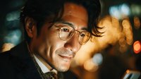 Professional Asian businessman in glasses and suit gesturing with hand against blurred city lights background at night for corporate presentations.