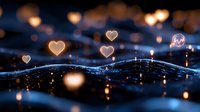 Glowing heart shapes float above abstract digital waves with bokeh lights creating romantic futuristic atmosphere in dark blue tones. For Valentine's designs.