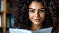 Young mixed-race woman with curly hair smiling while reading newspaper at home. Portrait of happy female enjoying morning news and media content indoors.