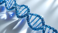 Blue glittering DNA helix structure on white surface with soft shadows, representing genetic research and biotechnology.