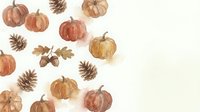 Watercolor autumn pumpkins with pine cones and oak leaves scattered on white background. Fall harvest seasonal decoration elements isolated for design.
