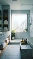 Modern luxury bathroom interior with marble walls, freestanding bathtub, glass shower and natural light from large window for contemporary home design.