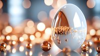 Metallic copper spheres and reflective egg shape against blurred warm bokeh background create dreamy abstract composition with mirror effects and festive atmosphere.