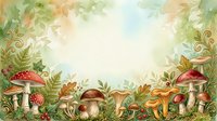 Whimsical forest floor scene with red and brown mushrooms, ornamental foliage, and decorative scrollwork on cream background. Suitable for children's book illustrations, greeting cards, and woodland-themed designs.