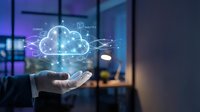 Business professional holding holographic cloud computing network with digital connections and data flow in modern office environment for technology solutions.