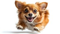 Happy brown Chihuahua puppy with big smile and floppy ears running forward on white background, isolated pet portrait for veterinary and animal care marketing materials.
