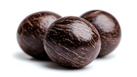 Fresh whole brown coconuts with natural fibrous shell texture on white background, macro food photography showing detailed surface pattern and tropical fruit composition.