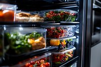 Fresh produce and prepared meals in transparent containers on refrigerator shelves, showcasing healthy meal prep and modern food storage solutions.