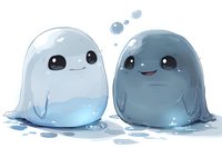 Adorable cartoon water spirits with cute smiling faces and translucent bodies in soft blue tones, sitting together in playful pose. Great for children designs.