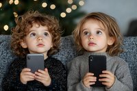 Two young children in cozy sweaters holding smartphones, gazing upward with wonder against blurred holiday lights background. Digital generation concept.