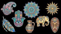 Ornamental ethnic design elements featuring paisley, mandala, hamsa hand, decorative feather, tribal mask, elephant, sun motif and pottery vessel. Isolated on transparent background, ready for t-shirt design, clipart, stickers and print-on-demand projects.
