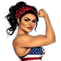 Strong Hispanic woman wearing red bandana and American flag top flexes bicep in empowering pin-up style illustration. Isolated on white background for design use.