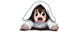 Surprised anime character in white bunny hoodie with wide open mouth and big expressive eyes peeks up from bottom edge, manga style illustration on white background.