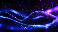 Abstract digital wave of glowing particles flowing with light effects in dark space, featuring vibrant blue and purple colors against black background.